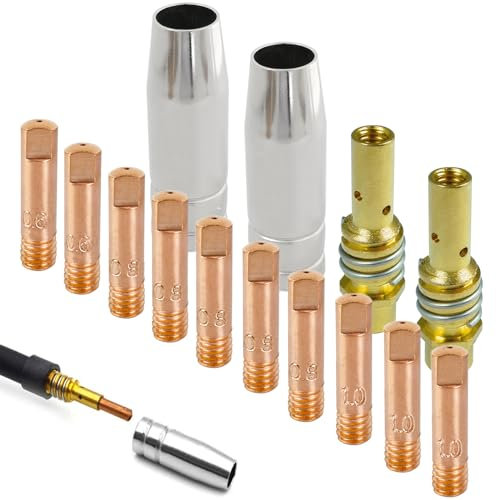 ZFKXGS 14 Stück MB15AK Mig Mag Schweissgerät Verschleißteile Set Schweißzubehör 10 Stromdüse M6 0,6mm 0,8mm 1,0mm 2 Gasdüse Konisch Steckbar 2 Düsenstock mit Haltefeder Schweißbrenner Ersatzteile