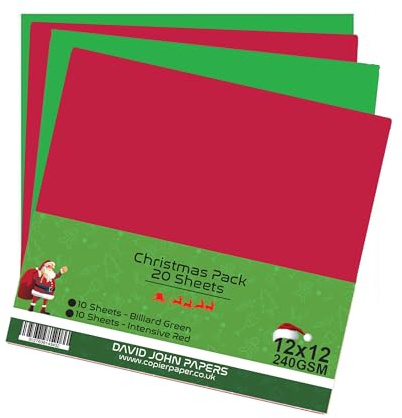 DJP Lot de 20 feuilles de papier cartonné vierge de Noël rouge et vert - 240 g/m² - 10 feuilles de chaque couleur - 30,5 x 30,5 cm