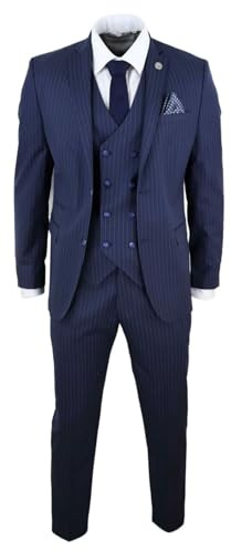 Costume Homme 3 pièces Style Rayures Fines Coupe ajustée avec Gilet Croisé - Bleu Marine 52