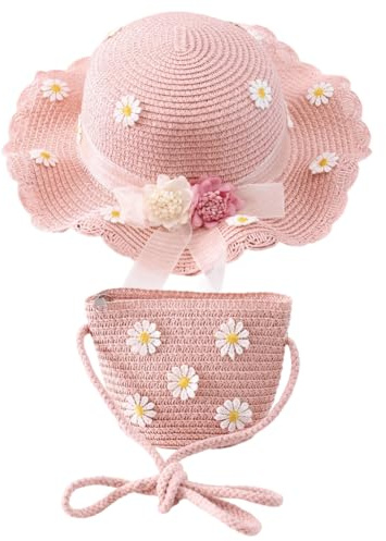Strohhut Und Kleine Tasche Set,Mädchen Sommer Sonnenhut,Strandhut mit Blumendekoration,Strandhut Outdoor Aktivitäten Für Den Tourismus Urlaub Reise Strand Outdoor Aktivitäten(56-58cm)