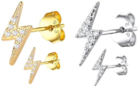 HinDaLi 2 Pares Pendientes Plata de Ley 925 Pendientes de Botón Mujer Pendientes Rayo Dorado Pendientes Diamante Pendientes Mujer Hombre Pequeños Pendientes Plata Niña Pendientes Oro Aretes de Mujer