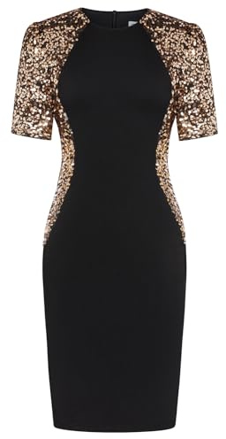 GRACE KARIN Vestido de Lentejuelas para Mujer, Elegante, Cuello Redondo, Bodycon hasta la Rodilla Oro Negro S