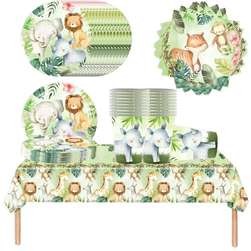 Doyomtoy 61 Pieces Cute Jungle Animals Kids Birthday Party Geschirr mit Tassen, Servietten, Teller und Tischdecken für alle Arten von Parteien, Camping, Hochzeiten, für 20 Gäste.