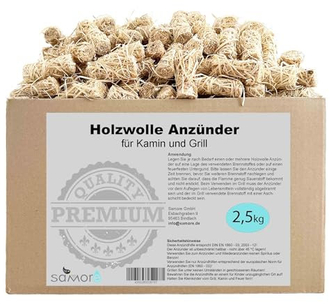 Samore Bio-Kaminanzünder und Öko-Grillanzünder aus Holzwolle, in pflanzlichem Wachs getränkt | Kohleanzünder | Wachsanzünder | Anzündwolle | Anzündhilfe ohne Rückstände (2,5 kg (ca. 200 Anzünder))
