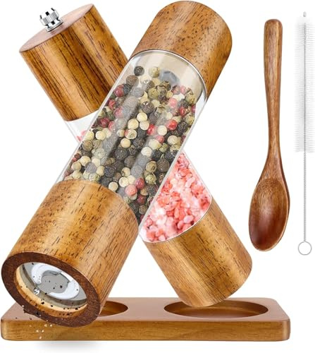 Salt and Pepper Grinder Set with Adjustable Ceramic and Acrylic Window, Manual Pepper Mill and Salt Grinder & Wood Spice Grinder with Cleaning Brush, Tray, Spoon for Home Kitchen, 8 Inch