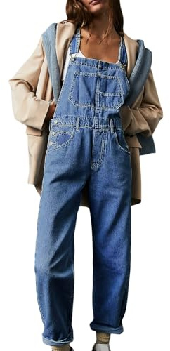 Vanchenl Salopette décontractée en denim pour femme - Bretelles réglables - Salopette baggy - Combinaison sarouel
