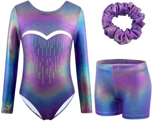 XiaoMoSha Girls Three-Piece Gymnastics Leotards Set Long Sleeve Leotards with Shorts and Hairband Sparkly Ballet Dance Unitards Gradient Color Gymnastics Outfits for Kids, PurpleDiamond, 9-10 Years