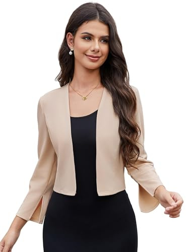 YesFashion Blazer da donna, elegante, maniche a 3/4, slim fit, business, casual, per ufficio e tempo libero, albicocca, S