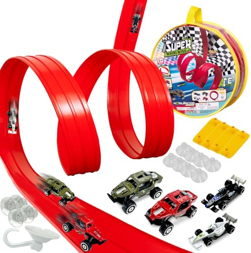 Pista de Coches para Niños, 4M Pista Coches Flexible, Circuito Carreras con 4 Autos, Accesorios para P ista de Carros de Juguete, Niños