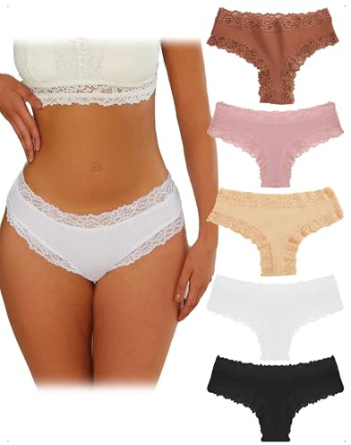 EMOTTOS Lot de 5 Culotte Femme Coton Dentelle, Tanga Coton Femme Confortable, Respirante Slip Femmes, Culotte Dentelle Doux pour Peau, Sexy Culottes Femmes,Tissu Côtelé Women's Panties, 5 Couleurs, M