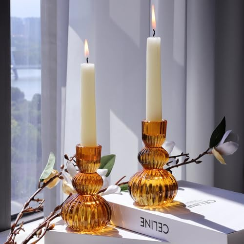 Gourd Amber Candlestick Holders Glass for Halloween/Thanksgiving Decor