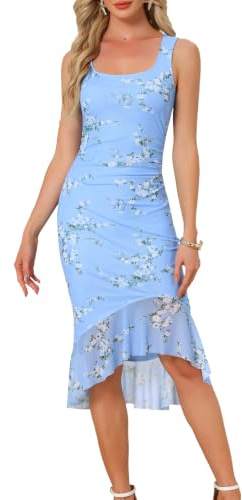 Allegra K Women Summer Floral Sleeveless Square Neck Bodycon Dress | Stretchy mesh fabric. Ruched detailing. Perfect for weddings, parties, and vacations. Fishtail hem design