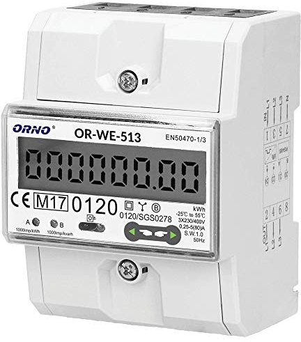 ORNO OR-WE-513 Stromzähler Hutschiene 3-Phasen-Anzeige des Stromverbrauchs mit MID Zertifikat, 0,25A – 80A, 3 x 230V/400V~, 50/60Hz, 1000 imp/kWh