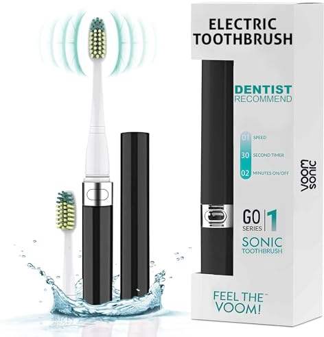 Voom Sonic Go 1 Series AAA Battery Operated Electric Toothbrush Dentist Recommended Portable Oral Care 2 Minute Timer Sleek Light Weight Design Soft Dupont Nylon Bristles - Black