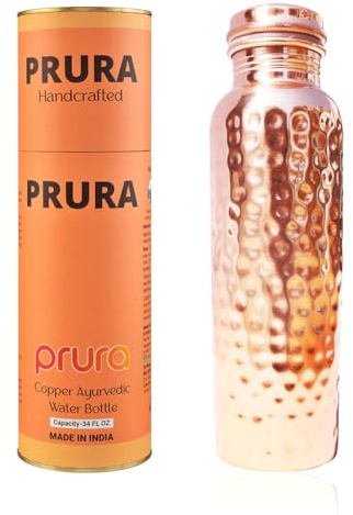 PRURA Bouteille d'Eau en Cuivre Martelé - Récipient Ayurvédique Avec Couvercle - Grande Capacité, Anti-Fuite - Pour Boire Plus d'Eau