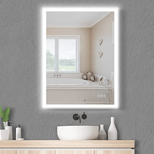 furduzz Espejo de baño con iluminación, 60 x 45 cm, montaje vertical y horizontal, espejo de pared con interruptor táctil, 3 colores de luz regulable, antivaho, función de memoria