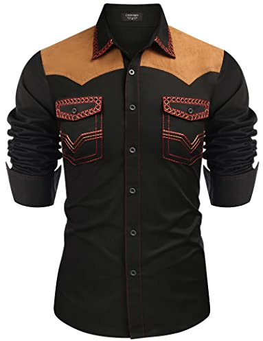 Coofandy - Camisa Vaquera de Estilo Cowboy para Hombre, Bordada, Manga Larga, Corte Ajustado, Informal, en algodón, con Botones y Bolsillos, Negro -, Medium