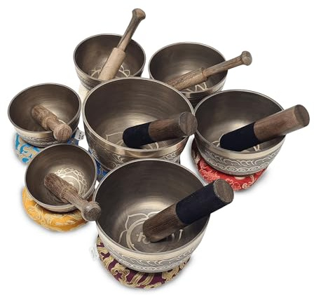 THE ISMA Juego de 7 cuencos de canto hechos a mano de chakra tibetano curativos para meditación, sonido, paz, atención plena, yoga, tazas de siete chakras