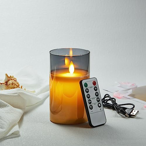 Koelaa Candela LED ricaricabile, candele in vetro grigio con telecomando, candele a batteria, senza fiamma, candela tremolante con funzione di temporizzazione per Natale, festival, matrimoni