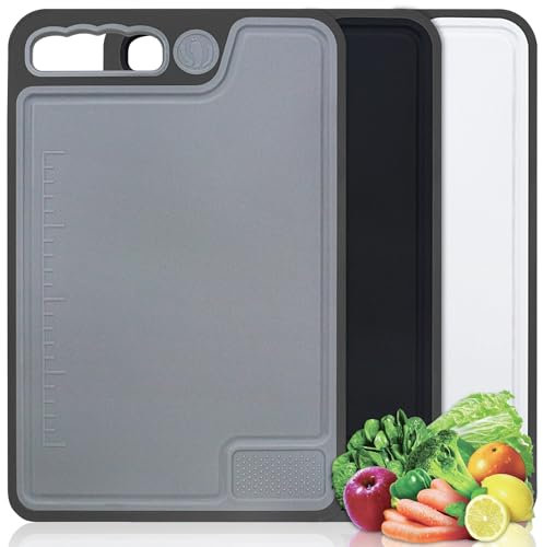 Lot de 3 Planche a Decouper Plastique, Planche à Découper Antidérapante Professionnelle, Grande Planches à Découper Cuisine avec Rainure de Jus & Presse-Ail - 35 x 23cm pour Fruits, Légumes, Viande