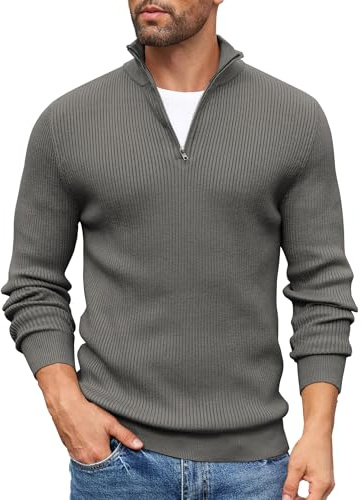 COOFANDY Jersey Hombre Invierno Suéter Cuello Alto Regular Fit Jersey de Canalé con Cremallera de un Cuarto Suéteres de Punto Gris Oscuro M