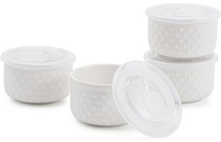 Mosuji Ramequines de porcelana aptos para horno de 10 onzas con tapas, grandes platos blancos para hornear soufflé y crema brulee, cuencos Ramekin para salsa y postre