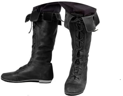Agiyenna Bottes Médiévales pour Hommes Chaussures Steampunk Renaissance Bottes Occidentales Rétro Talon Épais Bottes Plates à Enfiler Mi-hautes Couleur Unie Bottes de Moto à Lacets Décontractées