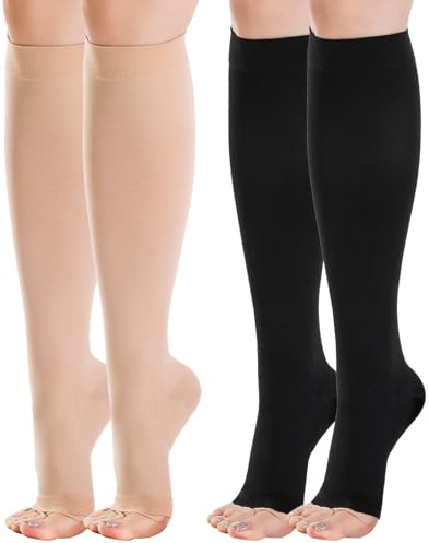 2 Pares Medias de Compresión Mujer y Hombre 20-30 mmHg, Punta Abierta Calcetines de Compresión Médicos para Varices, Circulación y Hinchazón, Embarazo, Running, Viajes y Trabajo (Negro+Beige, S)