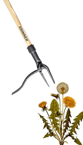 KRINNER's Unkrautkralle Jäter für effizientes Entfernen von Unkraut ohne Bücken 145cm lang mit Holzstiel Unkrautstecher Gartenwerkzeug Unkrautentferner
