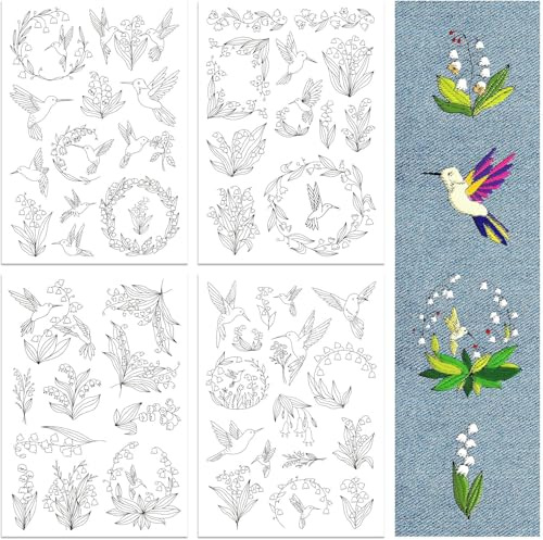 4 Feuilles 50 Pièces Stabilisateur Broderie, Papier Broderie Soluble Autocollant, Kit Broderie Point Pratique avec Floraux Transfert Broderie, pour Débutants en Broderie et Enthousiastes (A)