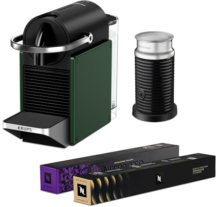 Nespresso Pixie Coffee Pod Machine Bundle by Krups, includes Milk Frother, Caramello Pods and Arpeggio Pods, XN3063G2, Dark Green