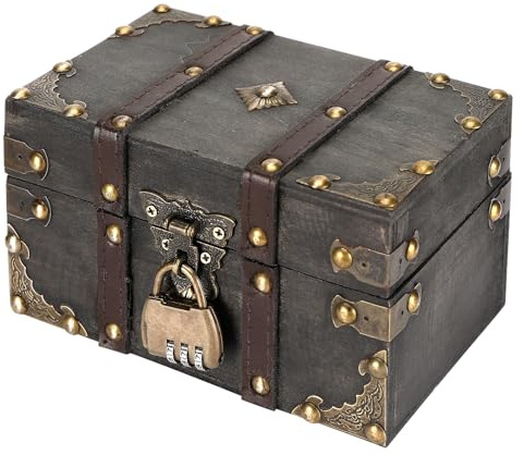 Cofre del tesoro de madera vintage, Caja de Madera Cofre del Tesoro de almacenamiento de madera Cofre del Tesoro Pirata con cerradura de combinación para ordenar decorar cumpleaños, 18 x 11 x 10 cm