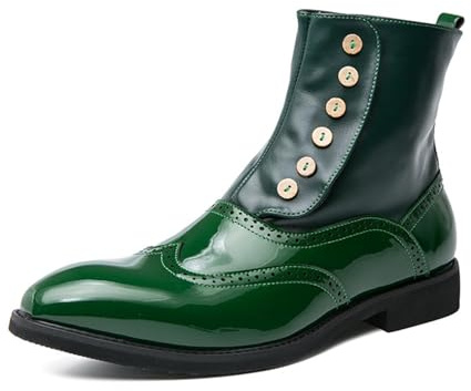 DXSYGMBN Bottines Brogue à Boutons pour Hommes en Cuir Verni Style Victorien Bottes de Ville Classiques Rétro pour Mariage Soirée,Vert,44 EU