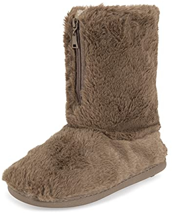 Polar Cremallera de espuma viscoelástica cubierta de piel sintética suela de goma interior exterior acogedor zapatillas de bota de lujo para mujer - Taupe - 37