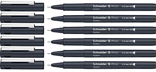 Schneider Pictus Fineliner (Strichstärke 0,2 mm, dokumentenechte Pigmentliner, metallgefasste Spitze, Gehäuse aus 85% recyceltem Kunststoff) 6er Pack, schwarz