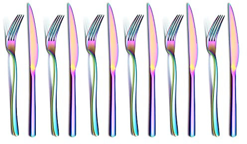Arcoíris Juego de Cuchillos Para Carne 12 Piezas, Acero Inoxidable Premium 6 Tenedores Para Cena Y 6 Cuchillos Para Cena, Cuchillo Para Bistec Tenedor Para Bistec 6 Personas (Brillante Colorido)