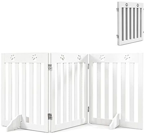 Maxmass Wooden Freestanding Pet Gate, Foldable Dog Barrier with 360°Flexible Hinges and Non-slip Foot Pads, 3/4 Panel Safety Fence for Stairs (152 x 60 cm, White)