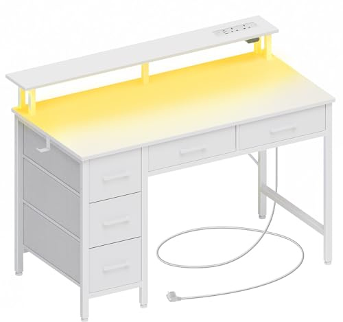 Seventable 100cm Computer Desk with LED Lights, USB Ports & Power Outlets, Monitor Stand and 5 Storage Drawers – Home Office Desk, Study Desk for Bedroom or Small Spaces, White