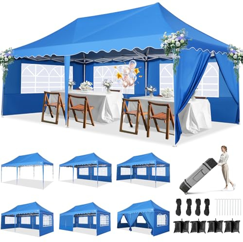 HOTEEL Pavillon 3x6 Faltpavillon 3x6 Wasserdicht Stabil, Partyzelt Faltbar Anti-UV 50+ Pop Up Gartenpavillon mit 6 Seitenwänden, 4 Sandsäcke, Tasche mit Rollen, für Hochzeiten Partys Markt, Blau