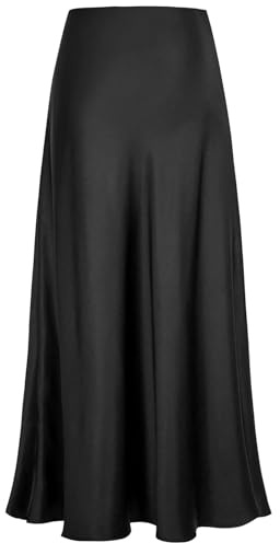 Genfien Women's Skirts High Waist Hidden Elasticized Waistband Midi Skirts Midi Long Length Silk Satin Lightweight Unlined Black