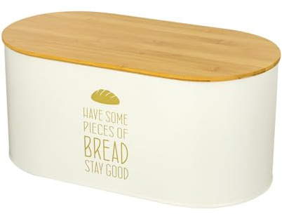 Baroni Home Portapane in Metallo con Coperchio in Legno Utilizzabile come Tagliere, Accessori da Cucina in Metallo, Contenitore Pane e Panini Linea Happy, 34x18x15 cm, Portapane