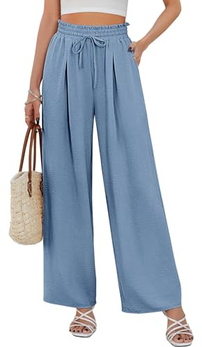 CMTOP Pantalon Femme Été Fluide à Jambes Larges Taille Haute Elastique avec Cordon de Serrage, Léger et Elegant de Plage Décontracté avec Poches