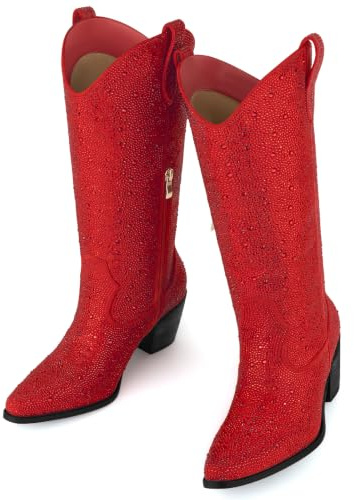 Women’s Rhinestone Cowboy Boots Mid Calf Pointed Toe Sparkly Block Heel Cowgirl Boots with Pull On Tabs