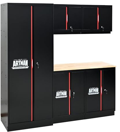 S.Walt Garage Storage Cabinets System, 6-Pcs Workshop Cabinet Set in Black and Red, Included Steel Cabinets, LED Lights, Wood Panel, Key Locking, Adjustable Door Panels and Legs, Black & Red