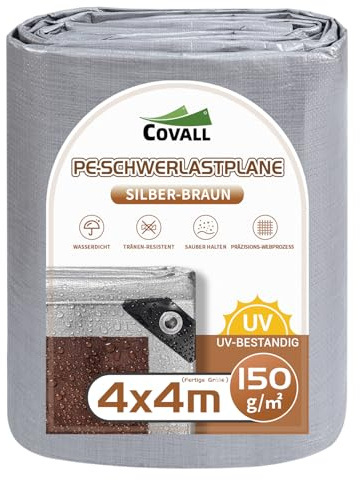 Covall Tarpaulin 4m x 4m Waterproof Heavy Duty 150g/㎡ Silver & Brown Tarp | Plastic Sheeting Waterproof Tarpaulin Cover With Reinforced Grommets, UV & Tear-Resistant Groundsheet for Camping,Patio,Wood