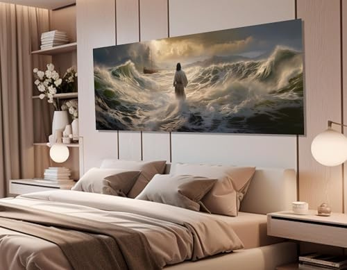 TONGYINLI Cuadro en lienzo de Jesús caminando sobre el agua, pósteres y láminas religiosas, arte mural con escena bíblica, para habitación, decoración del hogar (65 x 195 cm, sin marco).