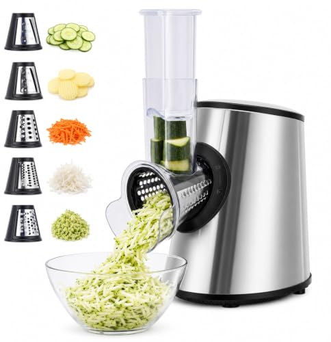 Coupe-Légumes Électrique 5 en 1 800W avec 5 Cônes en Acier Inoxydable, Trancheuse Électrique Multifonction, Râpe Professionnelle, Lavable au Lave‑Vaisselle, pour Légumes, Fruits, Fromage, Gris