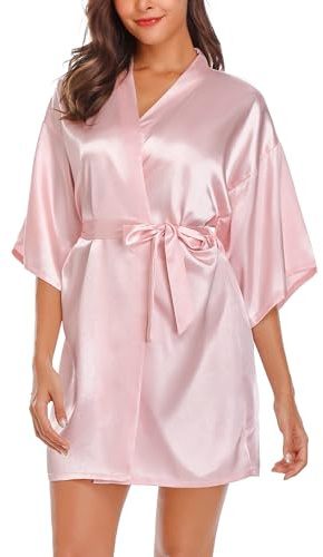 Wikoan Women's Satin Dressing Gown, Soft Silk Robe Lightweight Sleepwear for Bridal, Wedding Party Robes with Oblique V-Neck,XXL,Pink