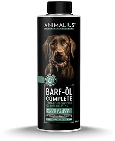 Animalius | Barf Complete Öl für Hunde | Premium Barf Zusatz Futteröl mit Lachs-, Lein-, Hanfsamen-, Nachtkerzen- und Borretschöl - 500ml