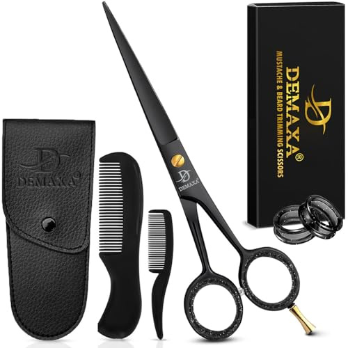 DEMAXA 5 Professional Beard Scissors for men Mustache Scissors with 1 Mustache Comb, 1 Beard Comb & Soft Pouch – Prefect Beard shears mustache kit for All Facial Hair – moustache Grooming kit for Men